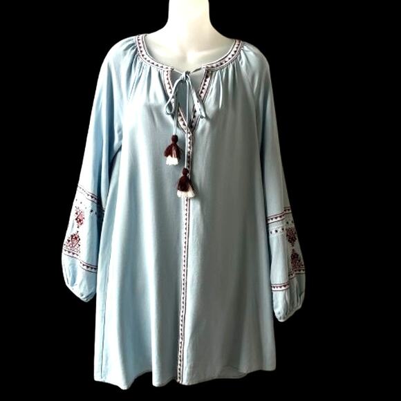 Blue Rain Boho Embroidered Mini Tunic Dress M Blue Southwestern Coastal Beach - Picture 1 of 12